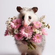 Cute realistic opossum with pink flowers bouquet
