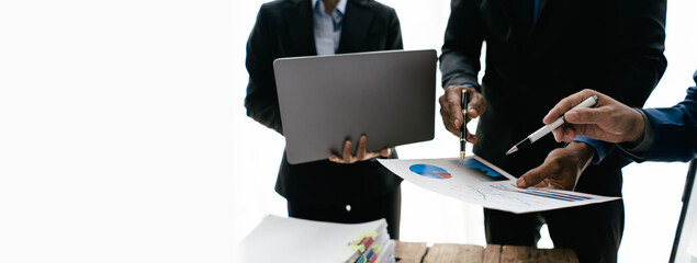 Wall Mural - Corporate business people working in busy marketing office space, planning strategy in books and reading email on laptop at work, workers at startup advertising company