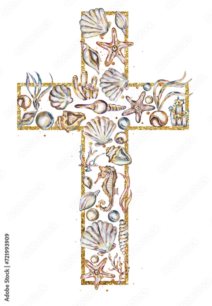 Easter Seashells Graphic Easter Cross Clipart, Seashells Arrangements and golden frame ...