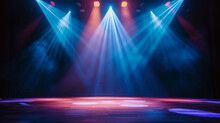 An Empty Stage Is Dramatically Lit With Vibrant Blue And Purple Spotlights, Casting A Hazy Glow And Creating An Anticipation For The Upcoming Performance