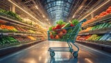Fototapeta  - Shopping trolley cart against modern supermarket aisle blurred background