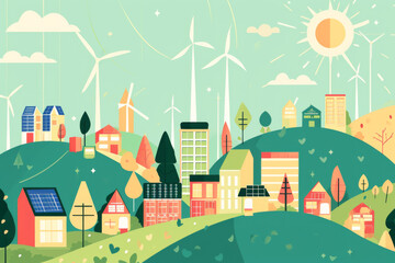 Wall Mural - Vector illustration in simple minimal geometric flat style - city landscape with buildings hills and trees with solar panels and wind turbines - eco and green energy.