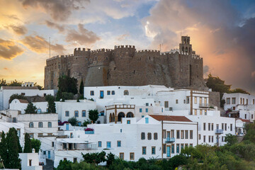 Wall Mural - Chora Village at sunset in Patmos Island