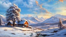 A Beautiful View On A Snowy Hill. Beautiful Cottage. The Flowing Water Of The River. Seamless Looping 4k Time-lapse Animation Video Background