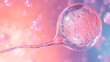 Intricate sperm fertilizes egg moment with pink bokeh background.
