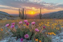 Cactus And Flowers In The Desert At Sunset
