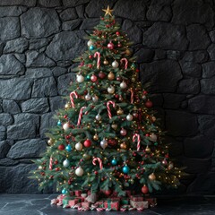 Poster - A beautiful Christmas tree with red and gold ornaments and candy canes stands in front of a stone wall.