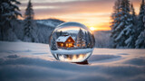 Fototapeta  - Odbicie górskiej chaty w szklanej kuli na śniegu