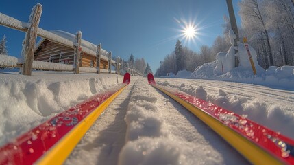 Wall Mural - First-person view of cross-country skier gliding through snow-covered forest