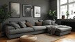 © Molang Visual - A gray couch in a living room with a gray wall and brown throw pillows