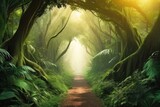 Fototapeta  - A Fantasy tropical dense Forest Pathway. Ai generative 