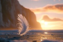 A White Feather Rests On The Beach At Sunset.
