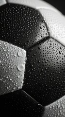 Black and white soccer ball with water drops