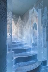 Canvas Print - Blue translucent glass sculpture resembling an icy cavern with stairs leading up to an archway