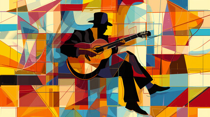 Wall Mural - Afro-American male musician guitarist playing a guitar in an abstract cubist style painting for a poster or flyer, stock illustration image 