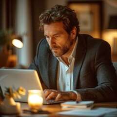 Wall Mural - Businessman working late on laptop in home office