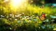 Flower Meadow, a Panoramic Background Reveals the Beauty of Summer or Spring Flowers Along with the Dance of Butterflies in Flight. Generative AI.