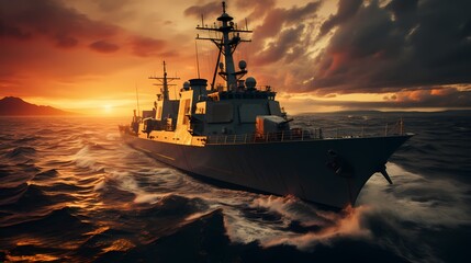 High-angle shot of a naval destroyer patrolling the open sea, showcasing naval power and maritime security