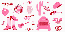 Trendy Pink Cowgirl Set. Retro Collection Of Cowboy Boots And Hat, Disco Ball, Horseshoe, Cactus, Gun, Jacket And Lettering. Wild West, Western Themed. Hand Drawn Vector Design