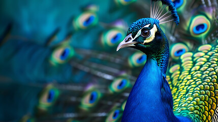 Wall Mural - Majestic peacock displaying vibrant feathers against a luxurious royal blue backdrop.