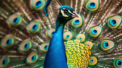 Wall Mural - Majestic peacock displaying vibrant feathers against a deep royal blue backdrop.