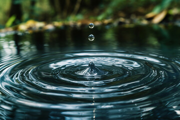 Wall Mural - Water drops creating circular waves in the water, depicting the concept of serenity, mindfulness, and spirituality