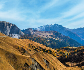 Wall Mural - Autumn alpine Dolomites rocky  mountain scene, Sudtirol, Italy. Peaceful view near Sella Pass.