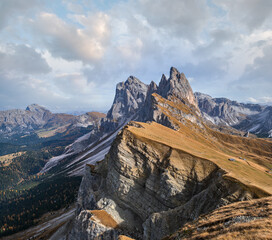 Wall Mural - Picturesque autumn Alps mountain scene, famous italian Dolomites Seceda majestic rock, Sass Rigais, Sudtirol, Italy. Beautiful traveling, seasonal and nature beauty concept scene.