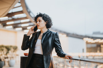 Modern professional woman engaged in a phone conversation outdoors, with stylish attire and an urban setting at twilight.