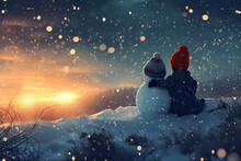 A Child And A Snowman Sit Shoulder To Shoulder On A Hillside.