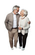 © J S - Happy elderly senior couple of old man and old woman, smile and holding arms around eachother, isolated on white or transparent