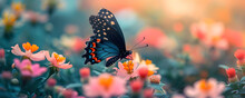 Close Up Butterfly On Flower On Blurred Floral Background With Copy Space. Blooming Spring Meadow With Wild Flowers And Black Butterfly. Сoncept Of Nature Wildlife For A Banner, Poster, Postcard