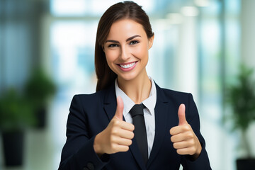 Cheerful, attractive businesswoman giving thumbs up with a confident smile. Generative AI