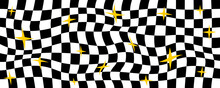 Psychedelic Illusion Black And White Checkerboard With Stars Background