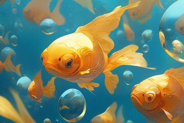 Wall Mural - High definition, blue and gold background with golden fish.