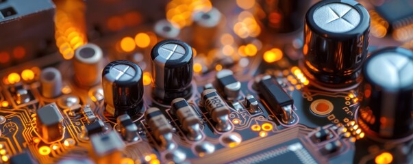 Poster - Banner with a close-up view of electronic components and circuits with glowing orange lights.