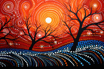 Wall Mural - Australian Aboriginal dot painting style art dreaming of a waterhole and trees landscape..