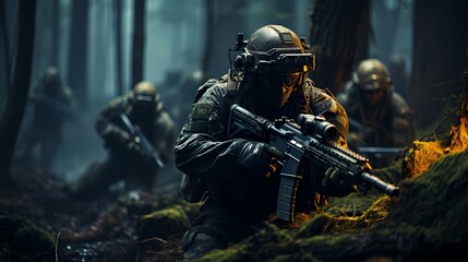 Wall Mural - Special forces operators in full gear conducting a night-time operation with night vision equipment and silenced weapons