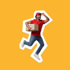 Poster - Surprised courier with parcel jumping on orange background