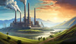 Illustration of factory in nature landscape with big chimney smoke, air pollution. Sustainability, industry, manufacturing, emission concept. ai generated.