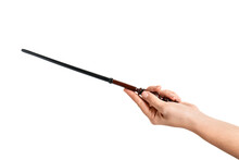 Woman Holding Wooden Magic Wand On White Background, Closeup