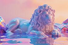 Marble Stone Lion Statue Against Pastel Coloured Iridescent Background
