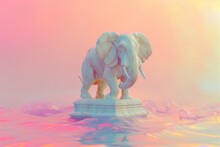 Marble Stone Elephant Statue Against Pastel Background And Iridescent Liquid 