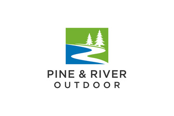Wall Mural - Pine tree logo design with river element vector template, business park outdoor icon symbol.