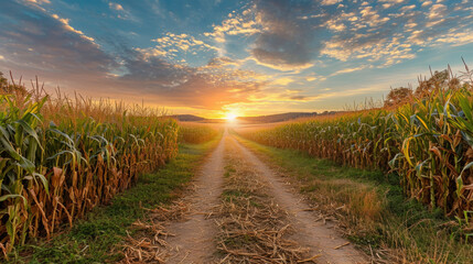 Young boy wanders in path made through corn field as leisure activity