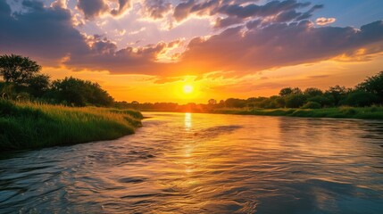 Wall Mural - beautiful landscape with sunset or sunrise dawn or dusk over the peaceful calm still river waters an