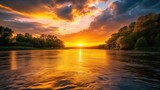 Fototapeta  - Beautiful landscape with sunset or sunrise dawn or dusk over the peaceful calm still river waters and yellow sky and water reflection with clouds