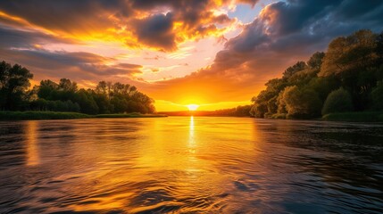 Wall Mural - beautiful landscape with sunset or sunrise dawn or dusk over the peaceful calm still river waters an