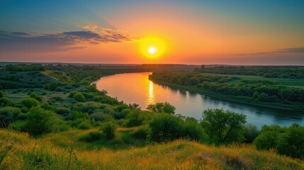 Wall Mural - beautiful river valley landscape with sunset or sunrise dawn or dusk over the peaceful calm still wa