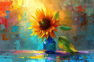 Colorful Summer Bouquet: Vibrant Sunflower Blossoms on Abstract Blue Background, an Artistic Oil Painting Illustration